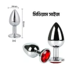 Metal butt plug with red jewel base – M size (82mm x 34mm)